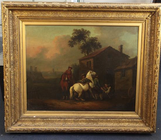 Attributed to Philip Wouwermans (1619-1668) Riders beside a cottage with a farrier shoeing a horse 22 x 28.5in.